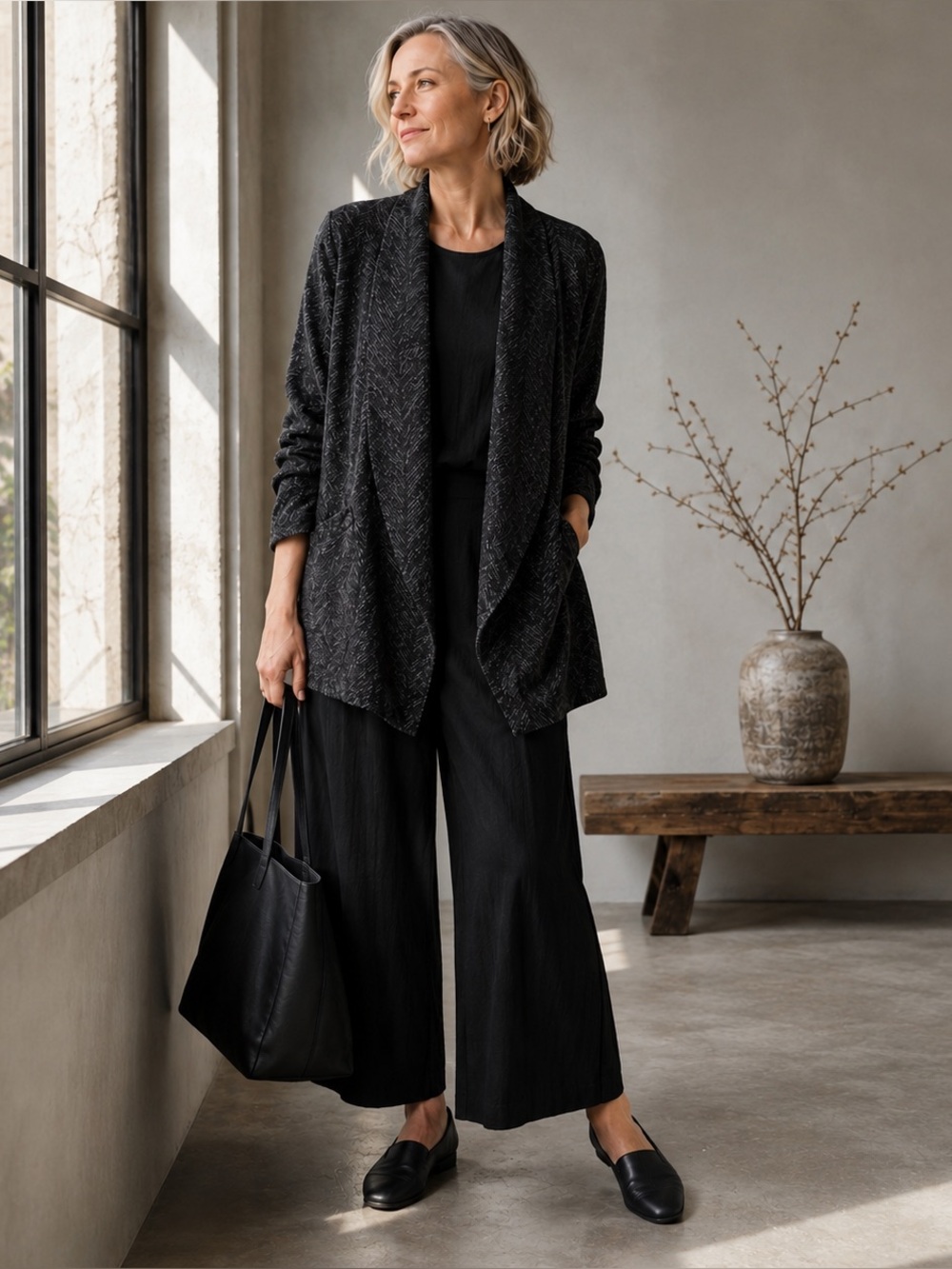 Eileen Fisher Black Wool Blend Herringbone Draped Open Front Blazer Jacket Large